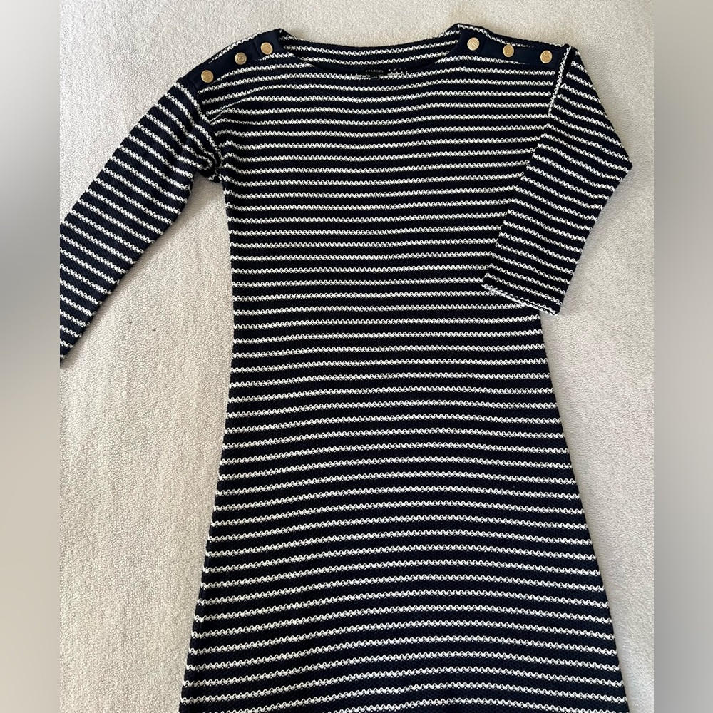 Talbots Nautical Stripe Dress Gold Button Shoulder Navy White Knit Size S